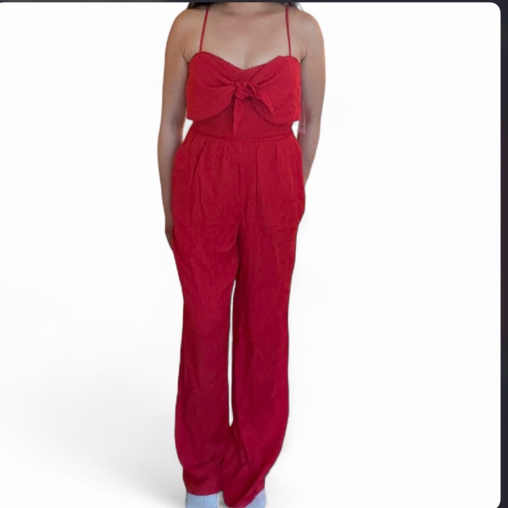 Francesca's Collections Red Tie-Front Spaghetti Strap Jumpsuit